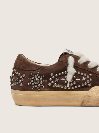 Golden Goose Mens Super-Star Penstar In Brown Suede With Studs Mens