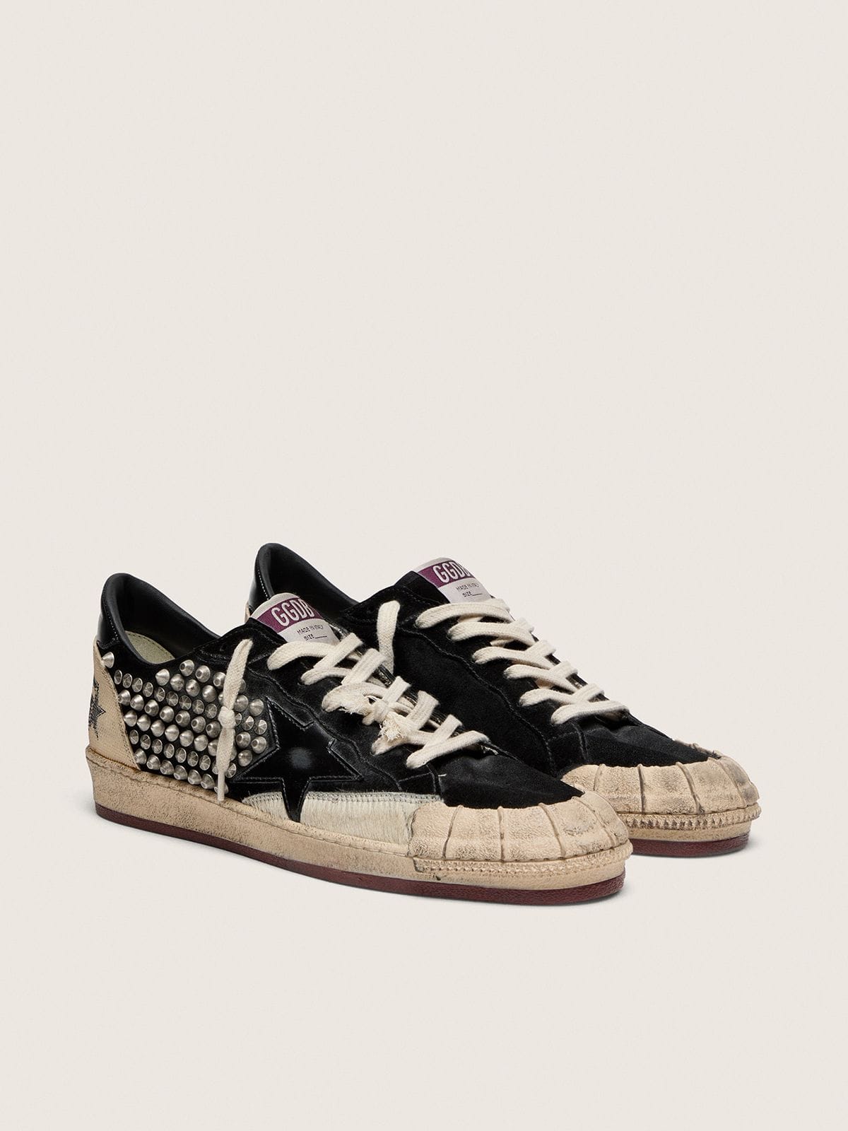 Golden Goose Mens Ball Star Lab In Black Suede With Studs And Glossy Black Leather Star Mens