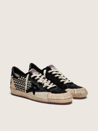 Golden Goose Mens Ball Star Lab In Black Suede With Studs And Glossy Black Leather Star Mens