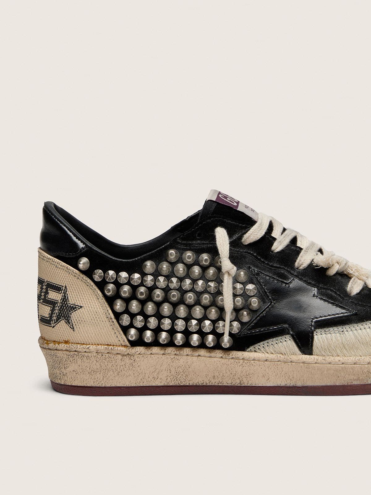Golden Goose Mens Ball Star Lab In Black Suede With Studs And Glossy Black Leather Star Mens