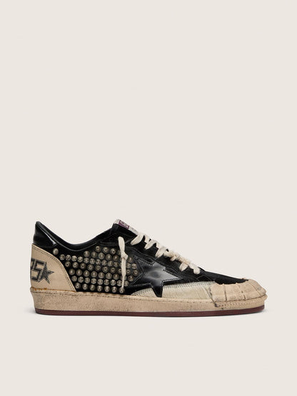 Golden Goose Mens Ball Star Lab In Black Suede With Studs And Glossy Black Leather Star Mens