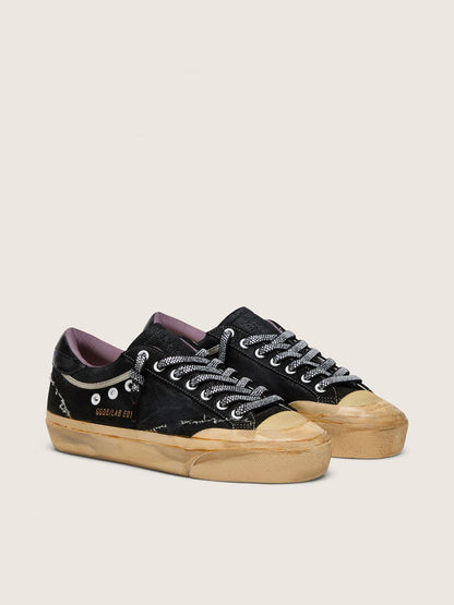Golden Goose Mens Super-Star Lab In Black Laminated Suede And Nylon With Raised Star And Laces With Crystals Mens