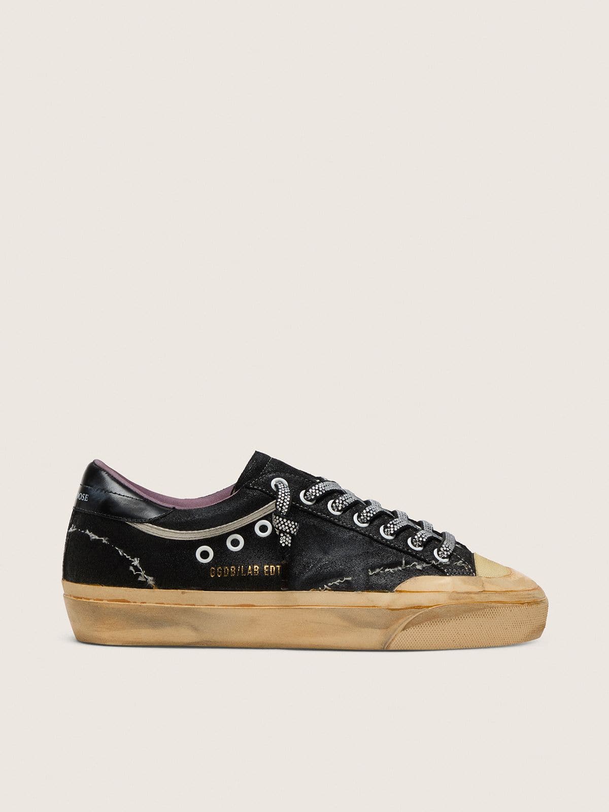 Golden Goose Mens Super-Star Lab In Black Laminated Suede And Nylon With Raised Star And Laces With Crystals Mens