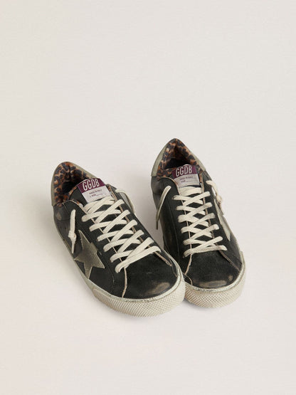 Golden Goose Mens Super-Star In Black Leather With Gray Suede Star And Heel Tab Mens