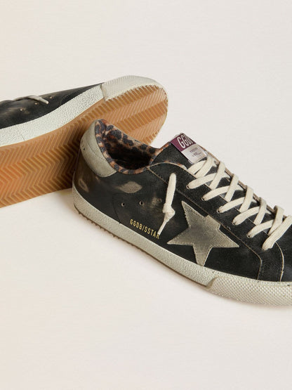 Golden Goose Mens Super-Star In Black Leather With Gray Suede Star And Heel Tab Mens