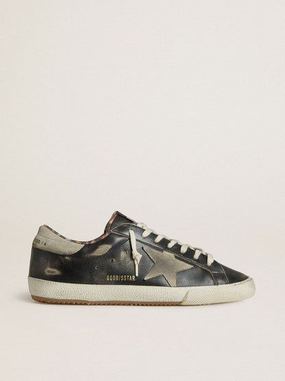 Golden Goose Mens Super-Star In Black Leather With Gray Suede Star And Heel Tab Mens