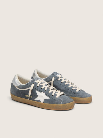 Golden Goose Mens Super-Star In Gray Suede With White Leather Star And Silver Leather Heel Tab Mens
