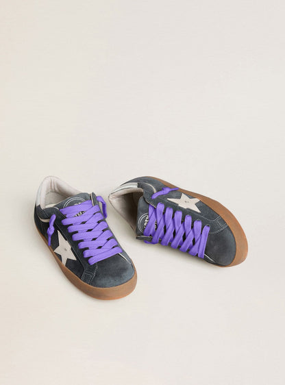 Golden Goose Mens Super-Star In Gray Suede With White Leather Star And Silver Leather Heel Tab Mens