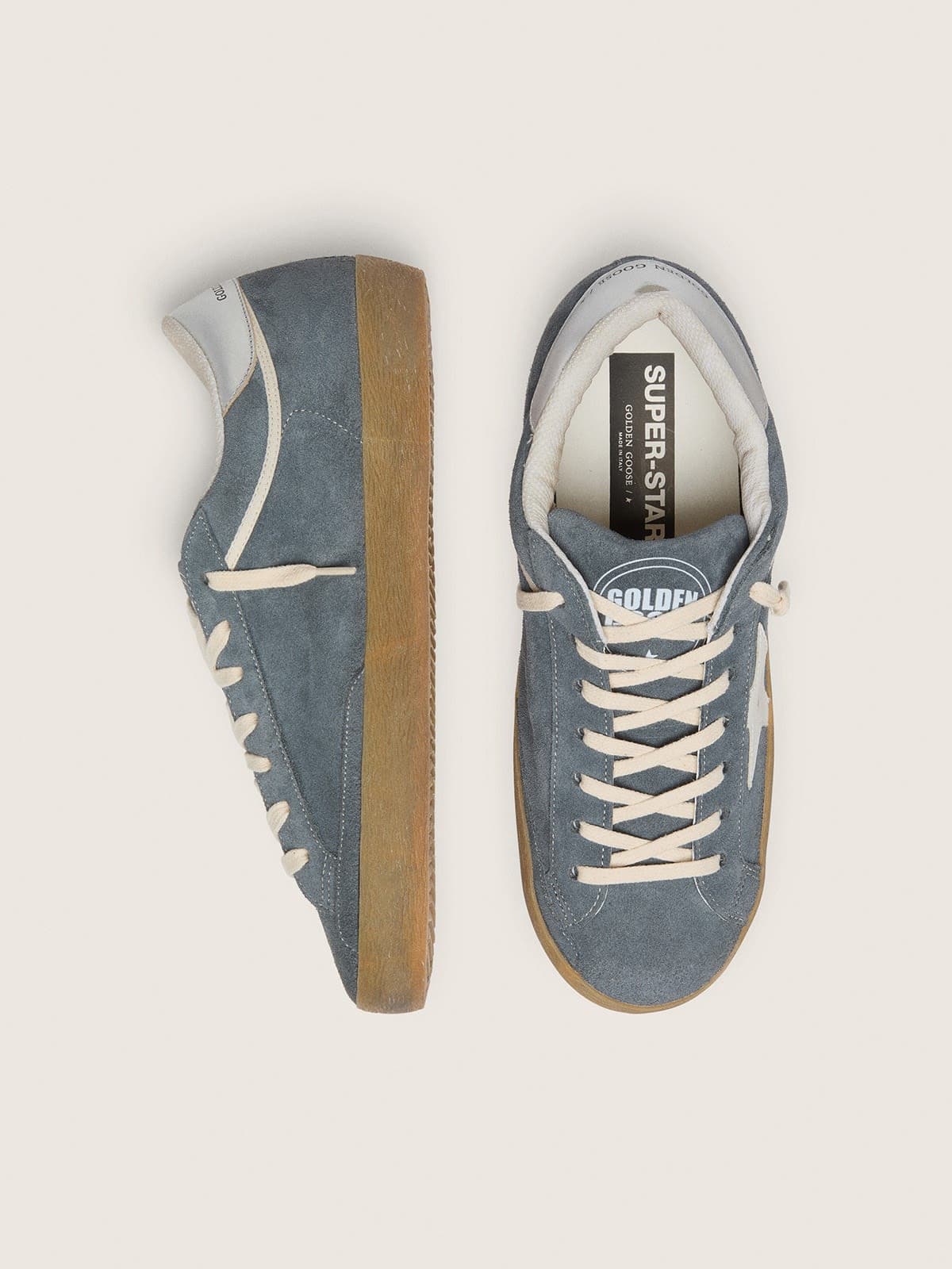 Golden Goose Mens Super-Star In Gray Suede With White Leather Star And Silver Leather Heel Tab Mens