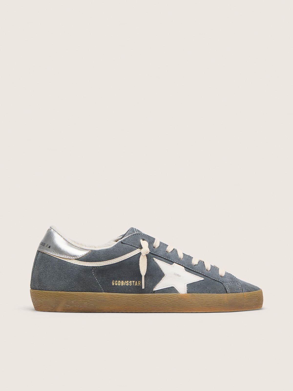 Golden Goose Mens Super-Star In Gray Suede With White Leather Star And Silver Leather Heel Tab Mens
