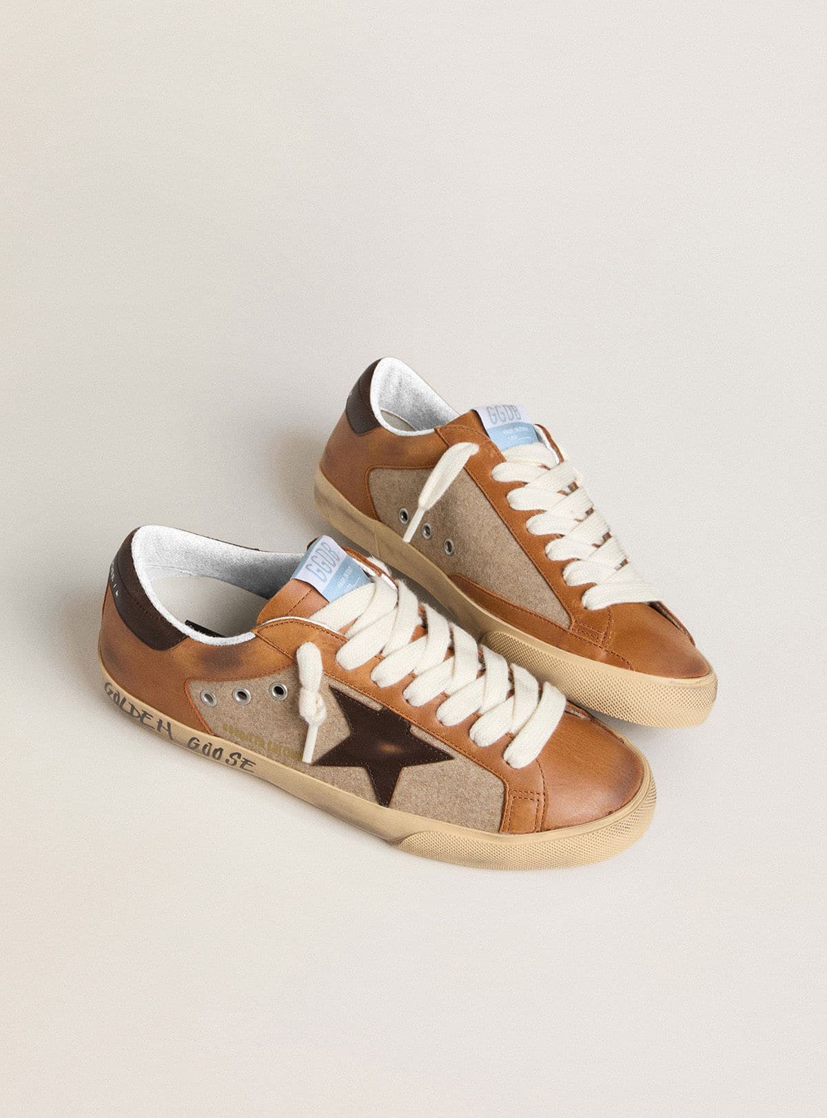 Golden Goose Mens Super-Star Ltd In Beige Wool With Brown Leather Star And Camel Inserts Mens