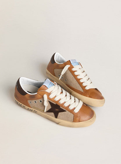 Golden Goose Mens Super-Star Ltd In Beige Wool With Brown Leather Star And Camel Inserts Mens