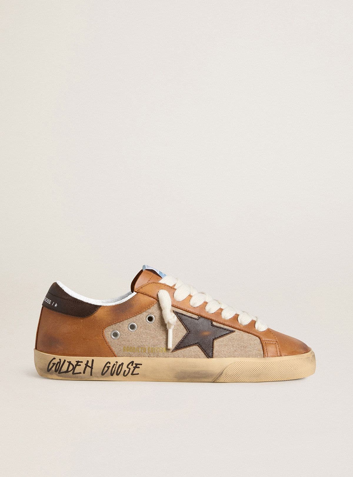 Golden Goose Mens Super-Star Ltd In Beige Wool With Brown Leather Star And Camel Inserts Mens