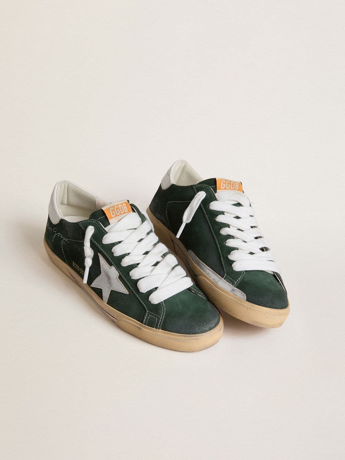 Golden Goose Mens Super-Star In Green Suede With Silver Metallic Leather Star And Leather Heel Tab Mens