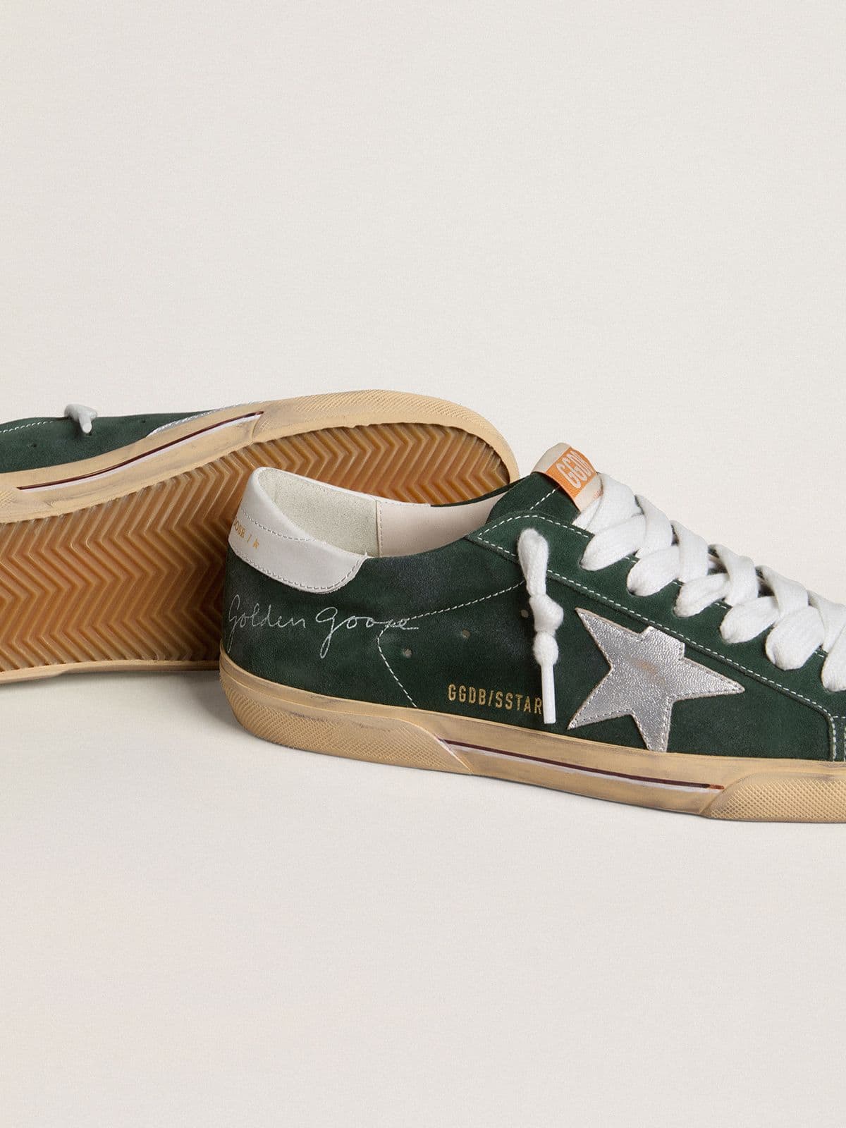 Golden Goose Mens Super-Star In Green Suede With Silver Metallic Leather Star And Leather Heel Tab Mens