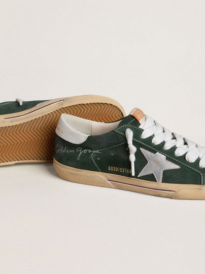 Golden Goose Mens Super-Star In Green Suede With Silver Metallic Leather Star And Leather Heel Tab Mens