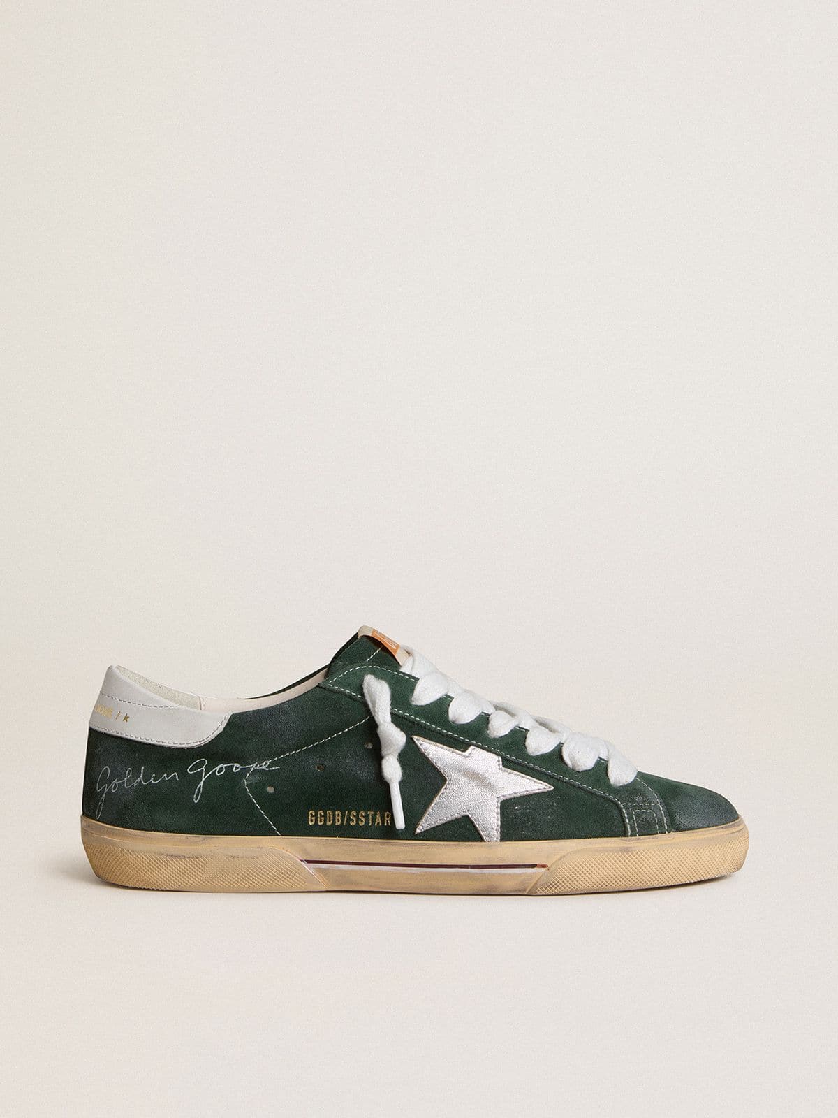 Golden Goose Mens Super-Star In Green Suede With Silver Metallic Leather Star And Leather Heel Tab Mens