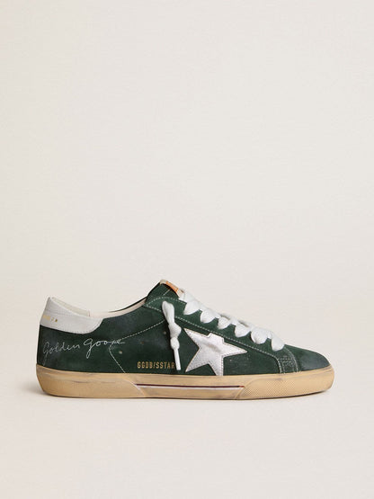 Golden Goose Mens Super-Star In Green Suede With Silver Metallic Leather Star And Leather Heel Tab Mens