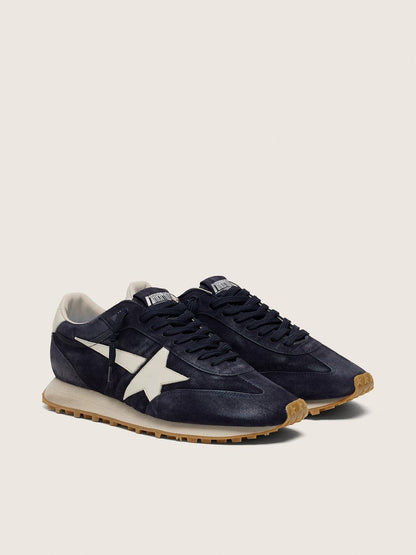 Golden Goose Mens Marathon In Blue Navy Suede With White Leather Star And Heel Tab Mens