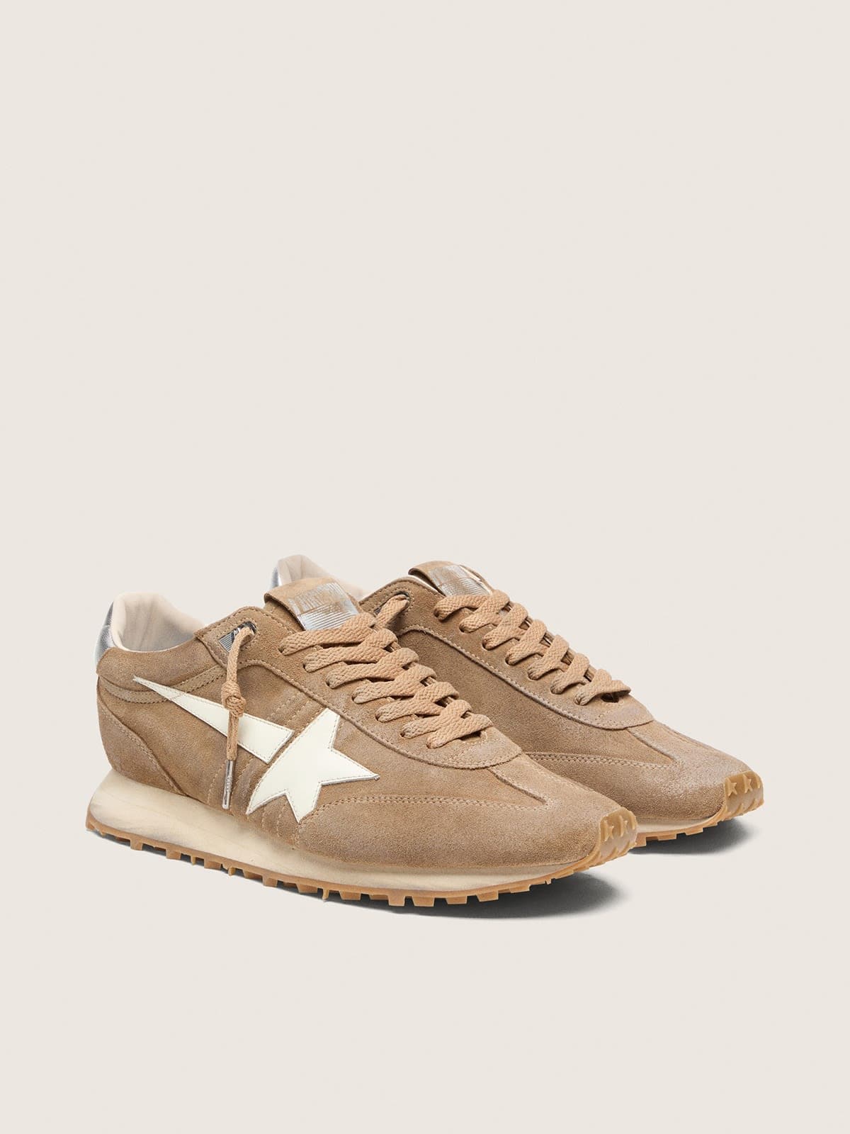 Golden Goose Mens Marathon In Tobacco Suede With White Star Mens
