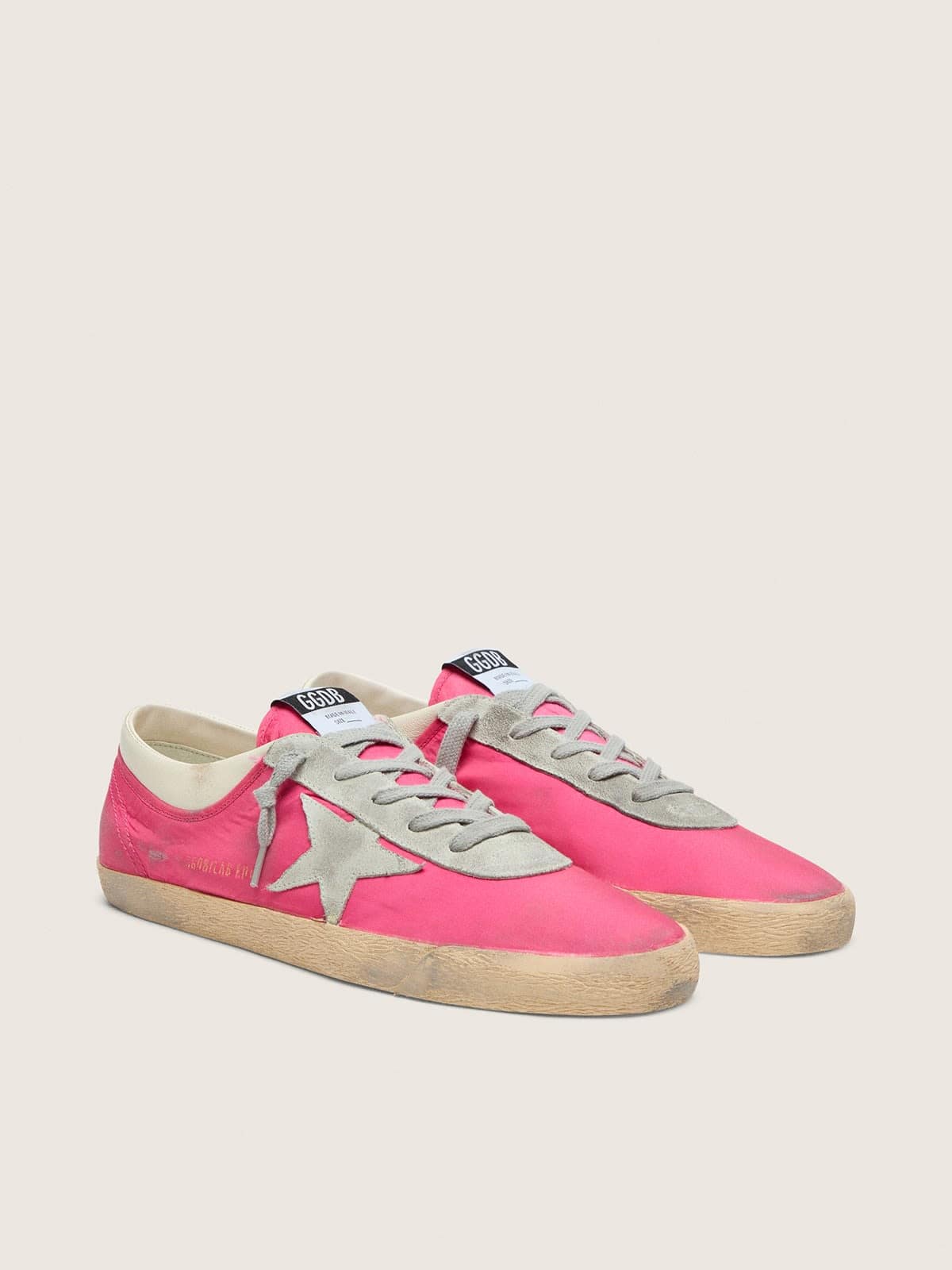 Golden Goose Mens Super-Star In Neon Pink Nylon With Light Gray Suede Star Mens