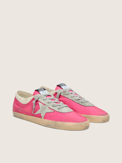 Golden Goose Mens Super-Star In Neon Pink Nylon With Light Gray Suede Star Mens