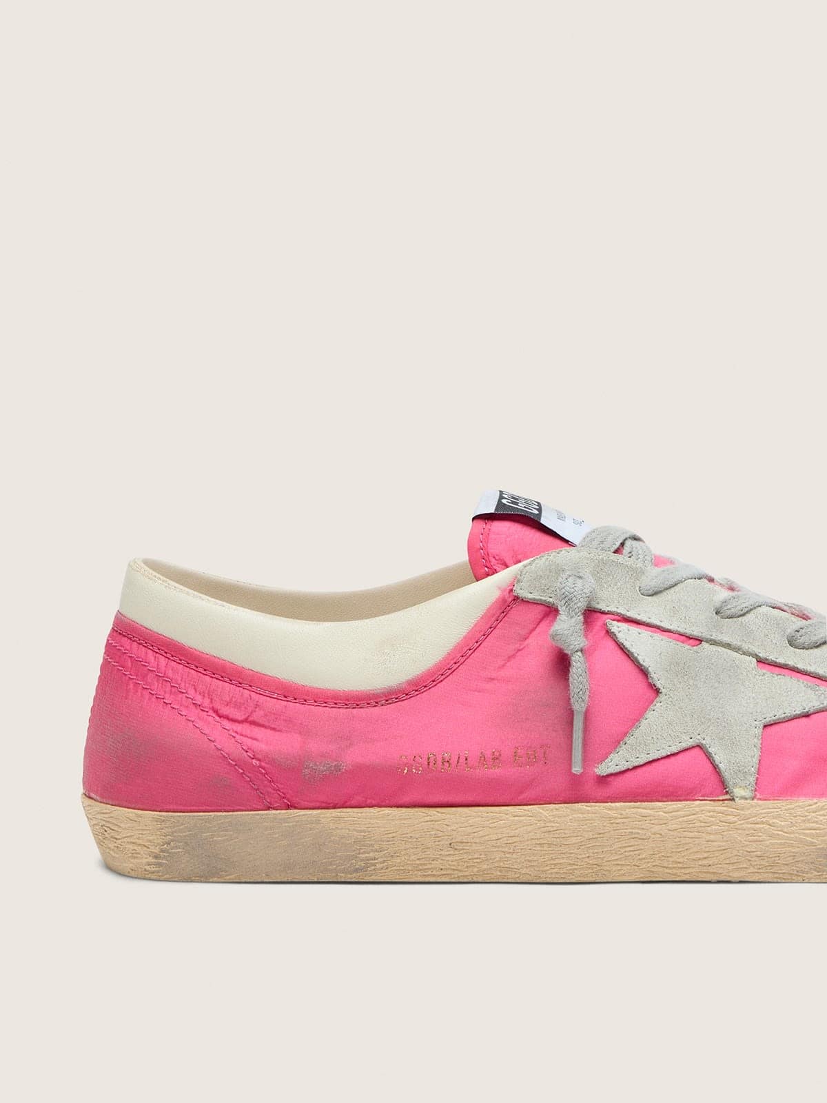 Golden Goose Mens Super-Star In Neon Pink Nylon With Light Gray Suede Star Mens