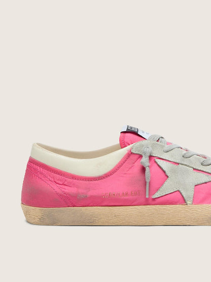 Golden Goose Mens Super-Star In Neon Pink Nylon With Light Gray Suede Star Mens