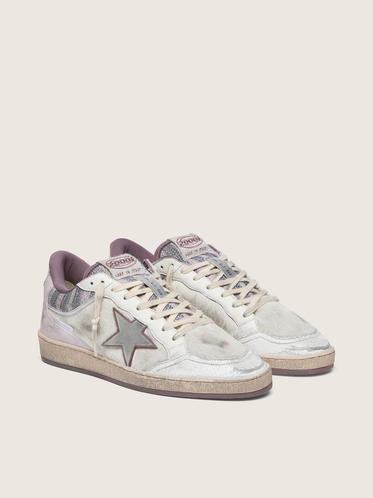 Golden Goose Mens Ball Star Lab In White Nylon And Pony Skin With Silver Star And Lilac Inserts Mens