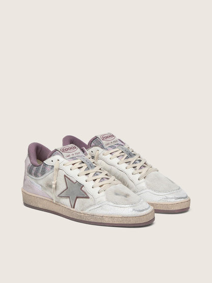 Golden Goose Mens Ball Star Lab In White Nylon And Pony Skin With Silver Star And Lilac Inserts Mens
