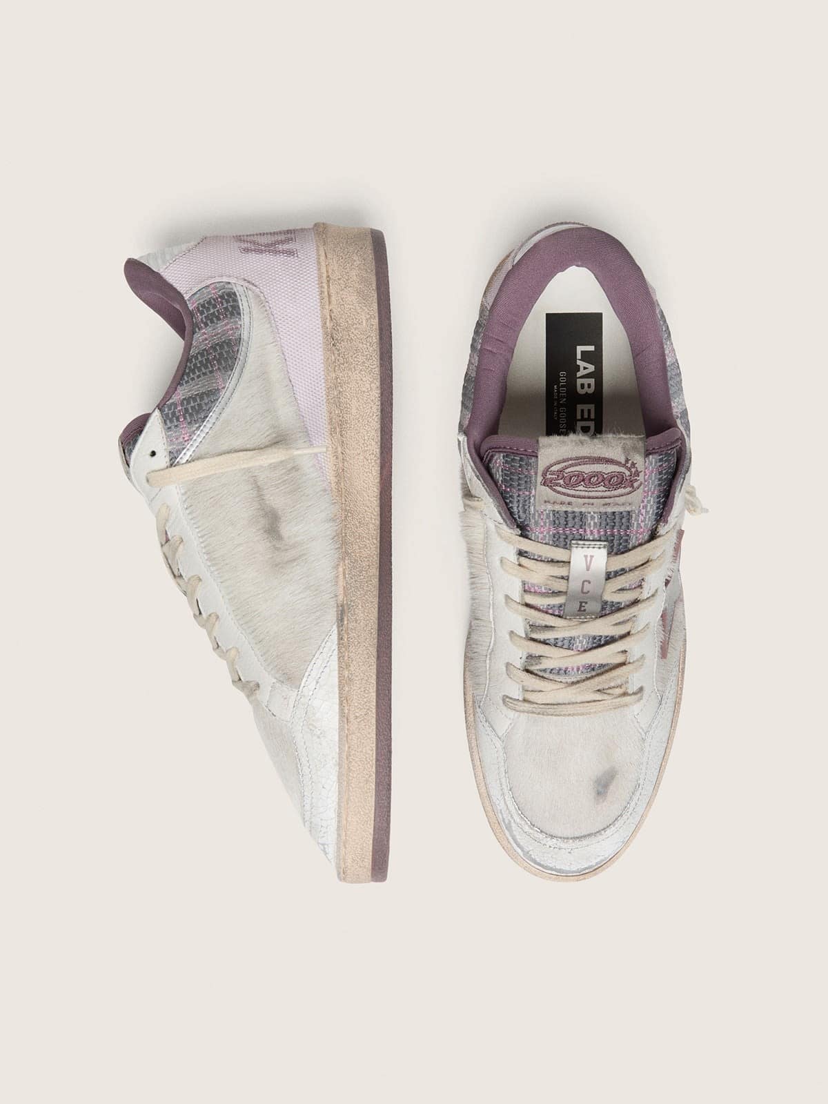 Golden Goose Mens Ball Star Lab In White Nylon And Pony Skin With Silver Star And Lilac Inserts Mens
