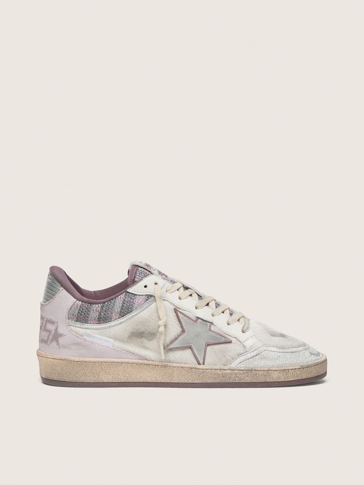 Golden Goose Mens Ball Star Lab In White Nylon And Pony Skin With Silver Star And Lilac Inserts Mens