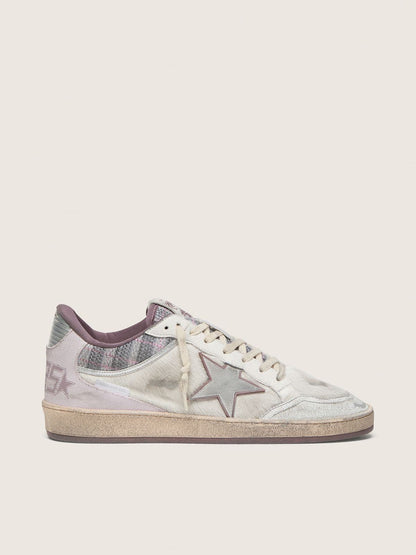 Golden Goose Mens Ball Star Lab In White Nylon And Pony Skin With Silver Star And Lilac Inserts Mens