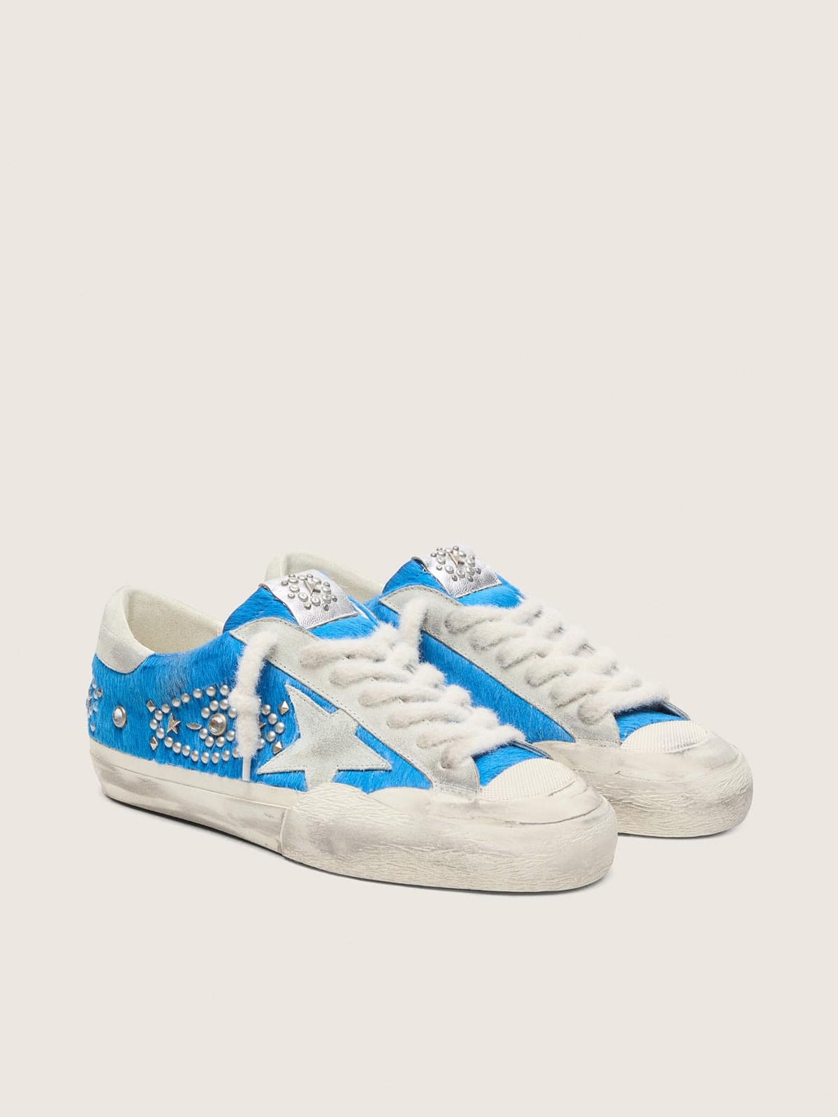 Golden Goose Mens Super-Star Lab In Bright Blue Pony Skin With Suede Star And Studs Mens