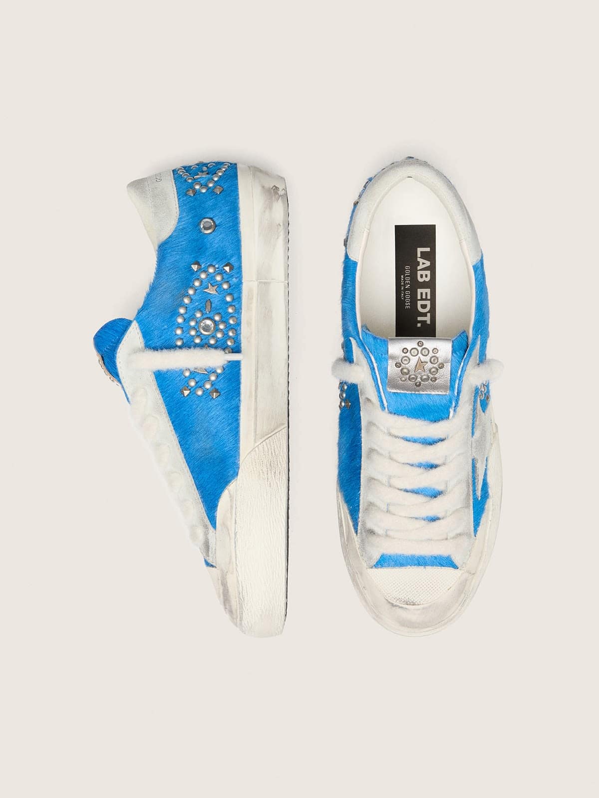 Golden Goose Mens Super-Star Lab In Bright Blue Pony Skin With Suede Star And Studs Mens
