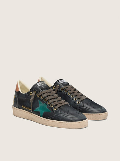Golden Goose Mens Ball Star Ltd In Black Leather With Green Embroidered Star Mens