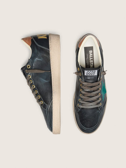 Golden Goose Mens Ball Star Ltd In Black Leather With Green Embroidered Star Mens