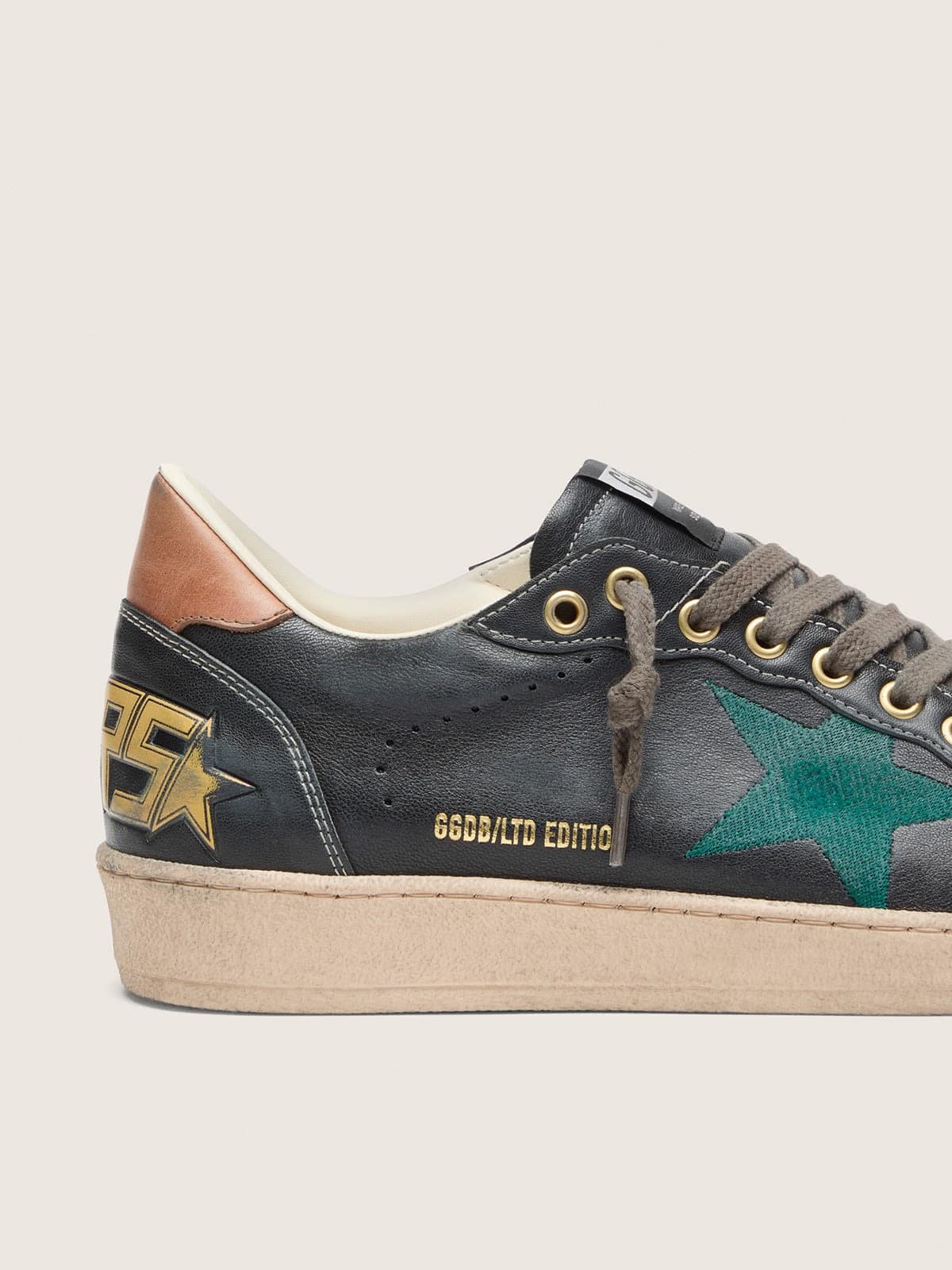 Golden Goose Mens Ball Star Ltd In Black Leather With Green Embroidered Star Mens