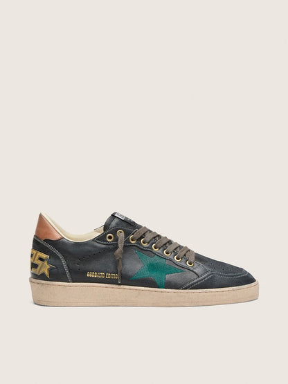 Golden Goose Mens Ball Star Ltd In Black Leather With Green Embroidered Star Mens