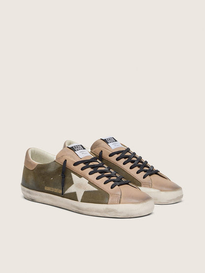 Golden Goose Mens Super-Star Ltd In Olive-Green Suede With Cream Embroidered Star Mens