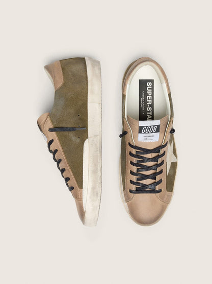 Golden Goose Mens Super-Star Ltd In Olive-Green Suede With Cream Embroidered Star Mens