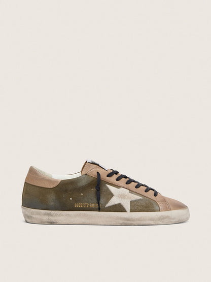 Golden Goose Mens Super-Star Ltd In Olive-Green Suede With Cream Embroidered Star Mens