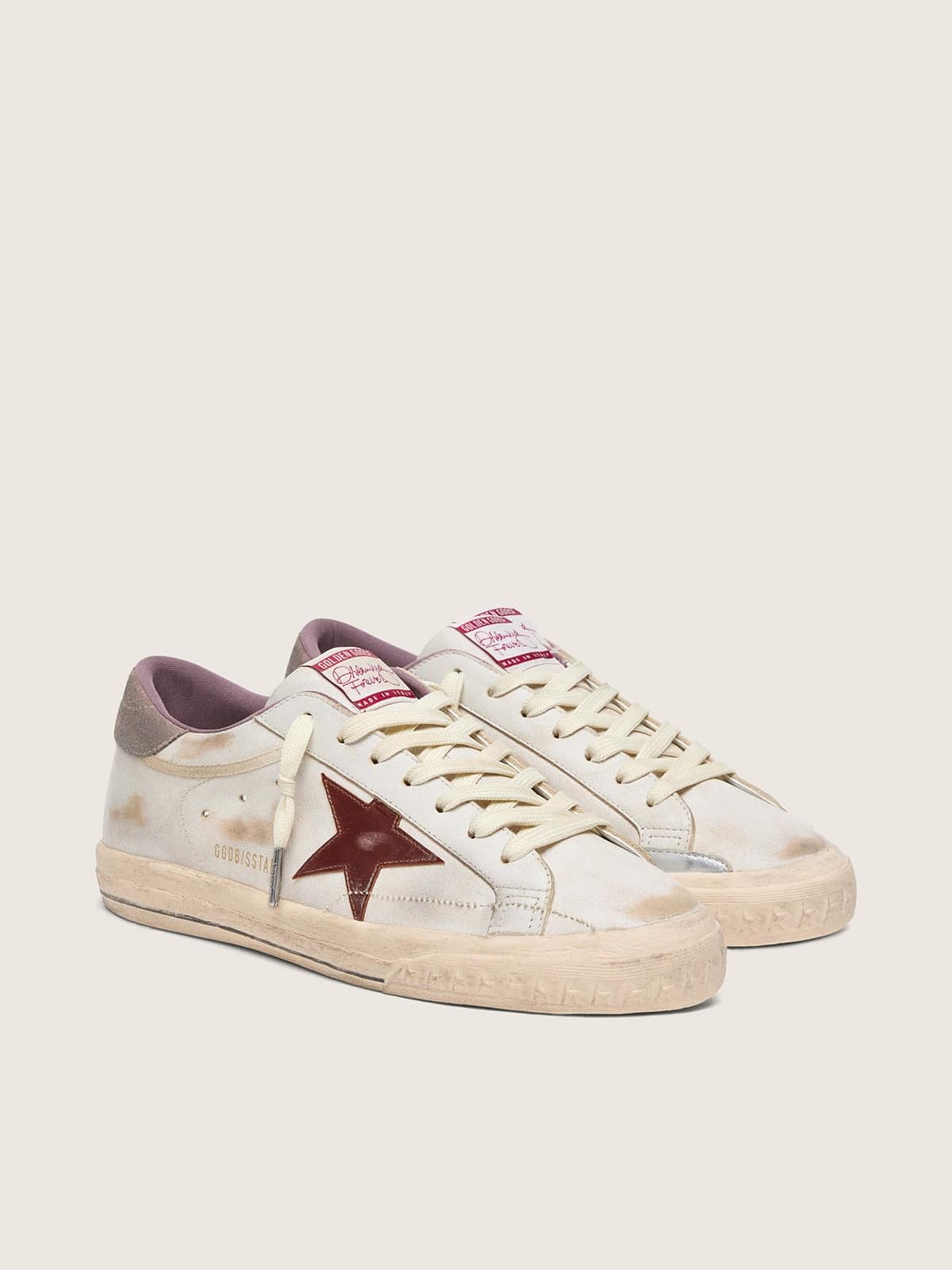 Golden Goose Mens Super-Star In White Leather With Burgundy Laminated Leather Star Mens