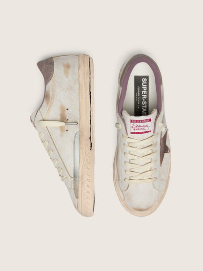 Golden Goose Mens Super-Star In White Leather With Burgundy Laminated Leather Star Mens