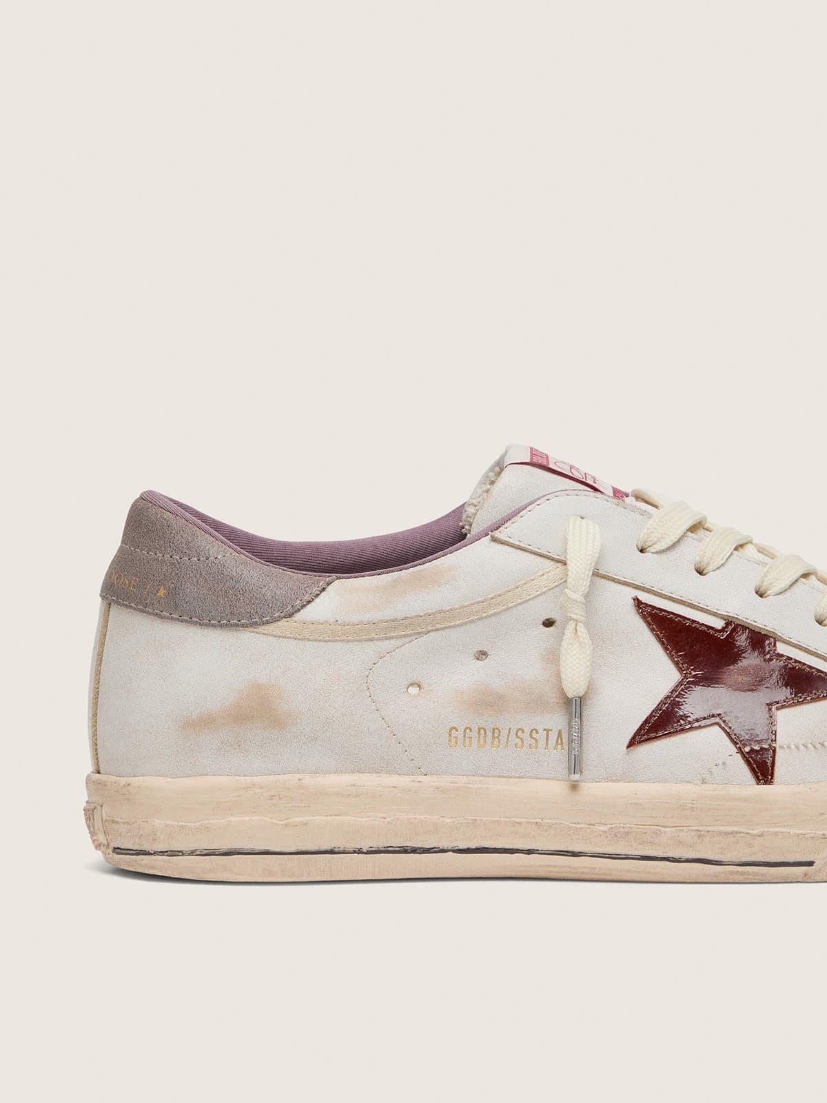 Golden Goose Mens Super-Star In White Leather With Burgundy Laminated Leather Star Mens