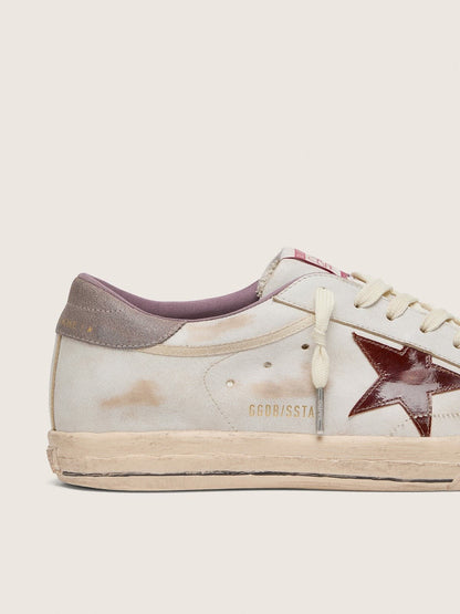 Golden Goose Mens Super-Star In White Leather With Burgundy Laminated Leather Star Mens