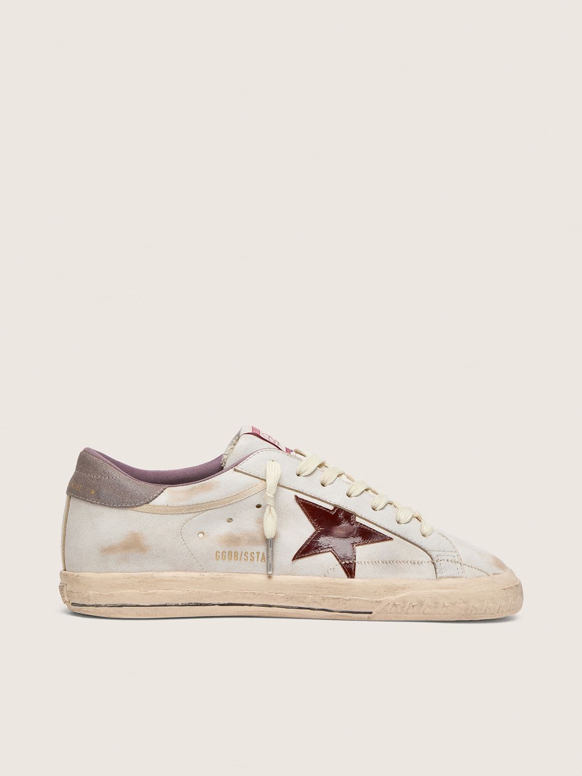 Golden Goose Mens Super-Star In White Leather With Burgundy Laminated Leather Star Mens