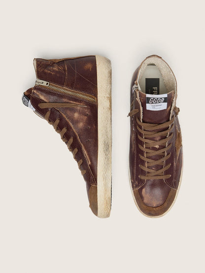 Golden Goose Mens Francy Ltd In Dark Brown Leather With Beige Star Mens