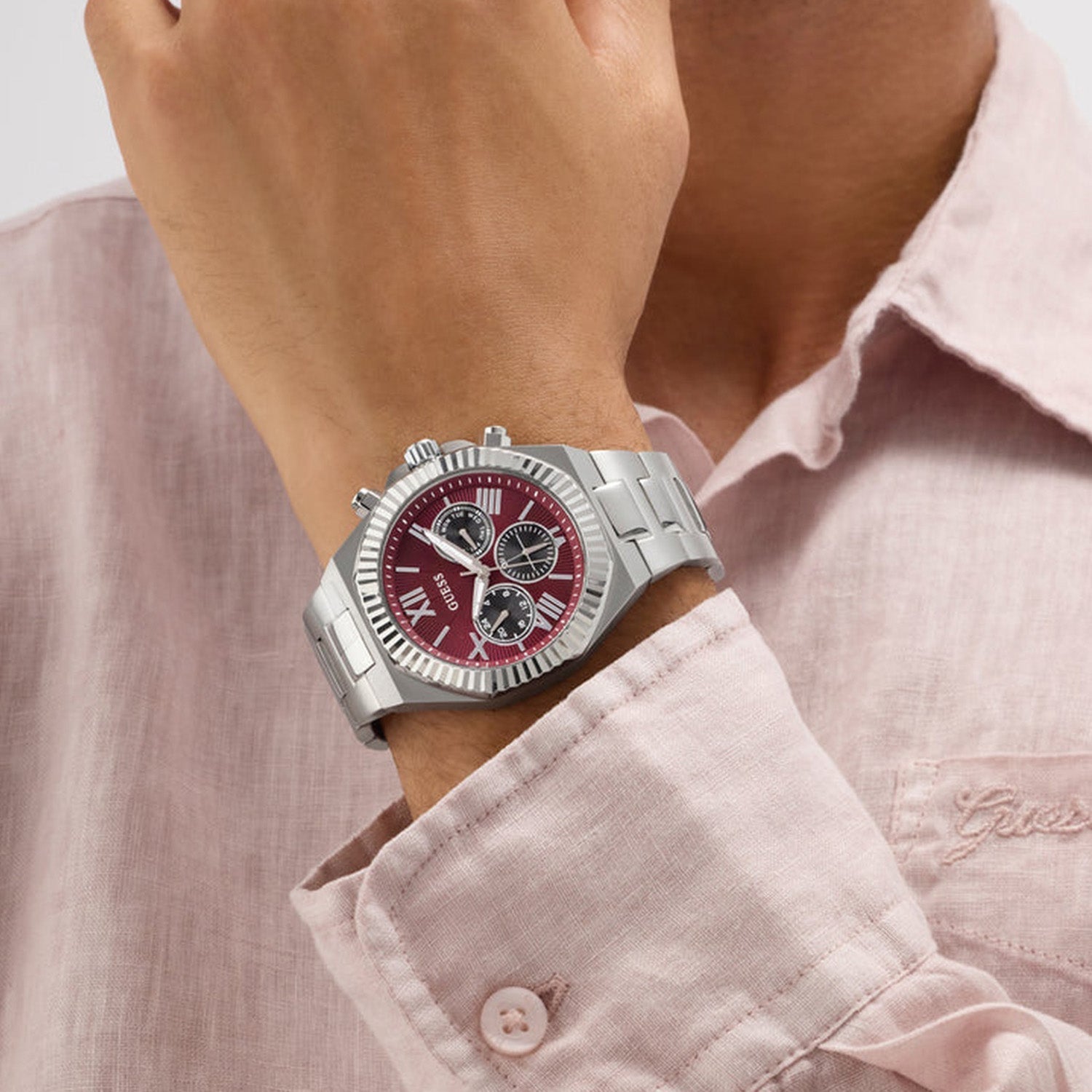 Guess Gd Equity Men Quartz Burgundy Dial Analog Stainless Steel Gw0703G7