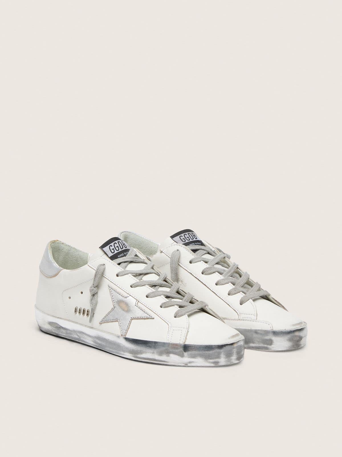 Golden Goose Womens Super-Star With Silver Sparkle Foxing And Metal Stud Lettering Womens